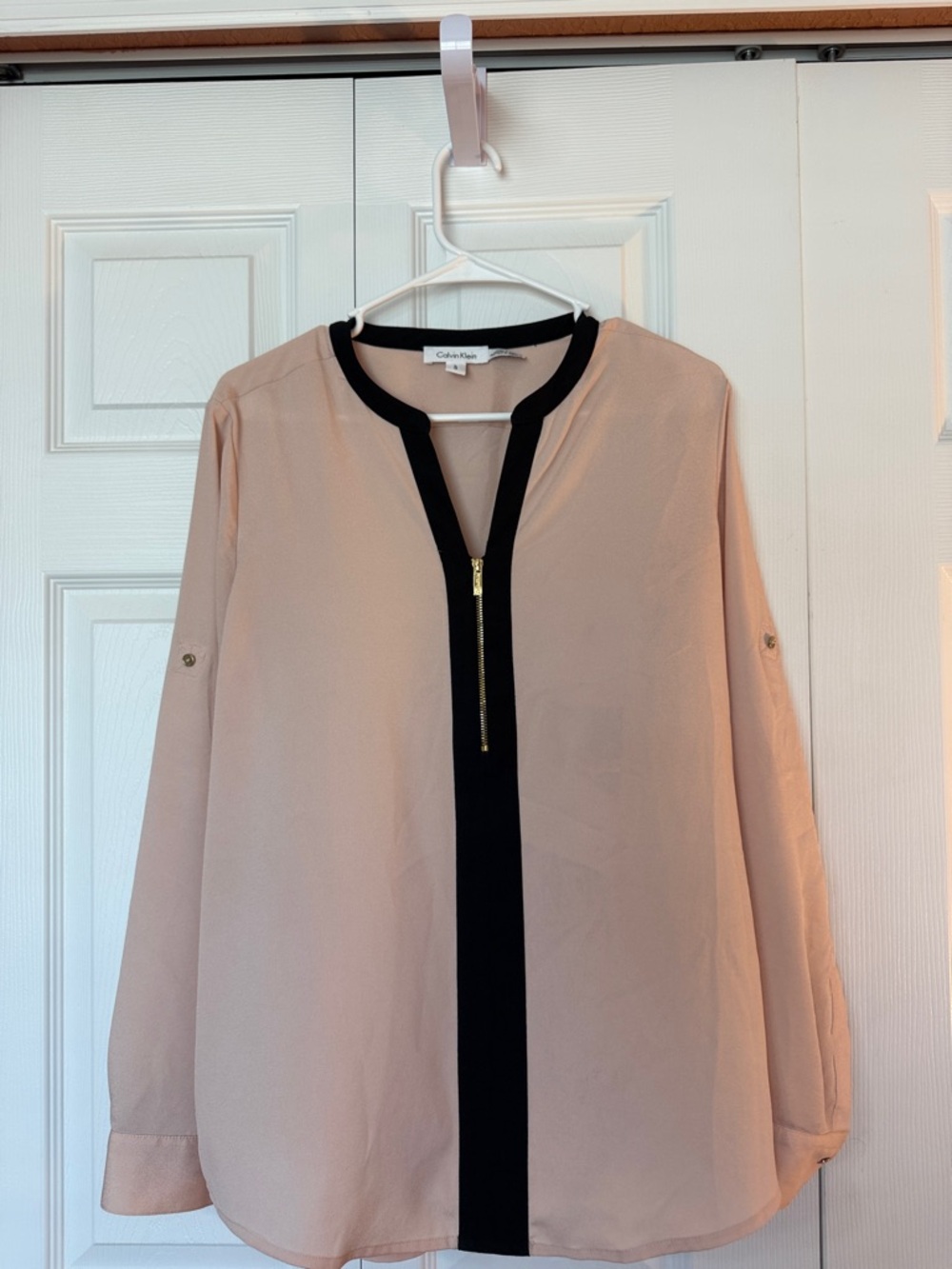 Calvin Klein Blush Pink and Black Zip Front Blouse